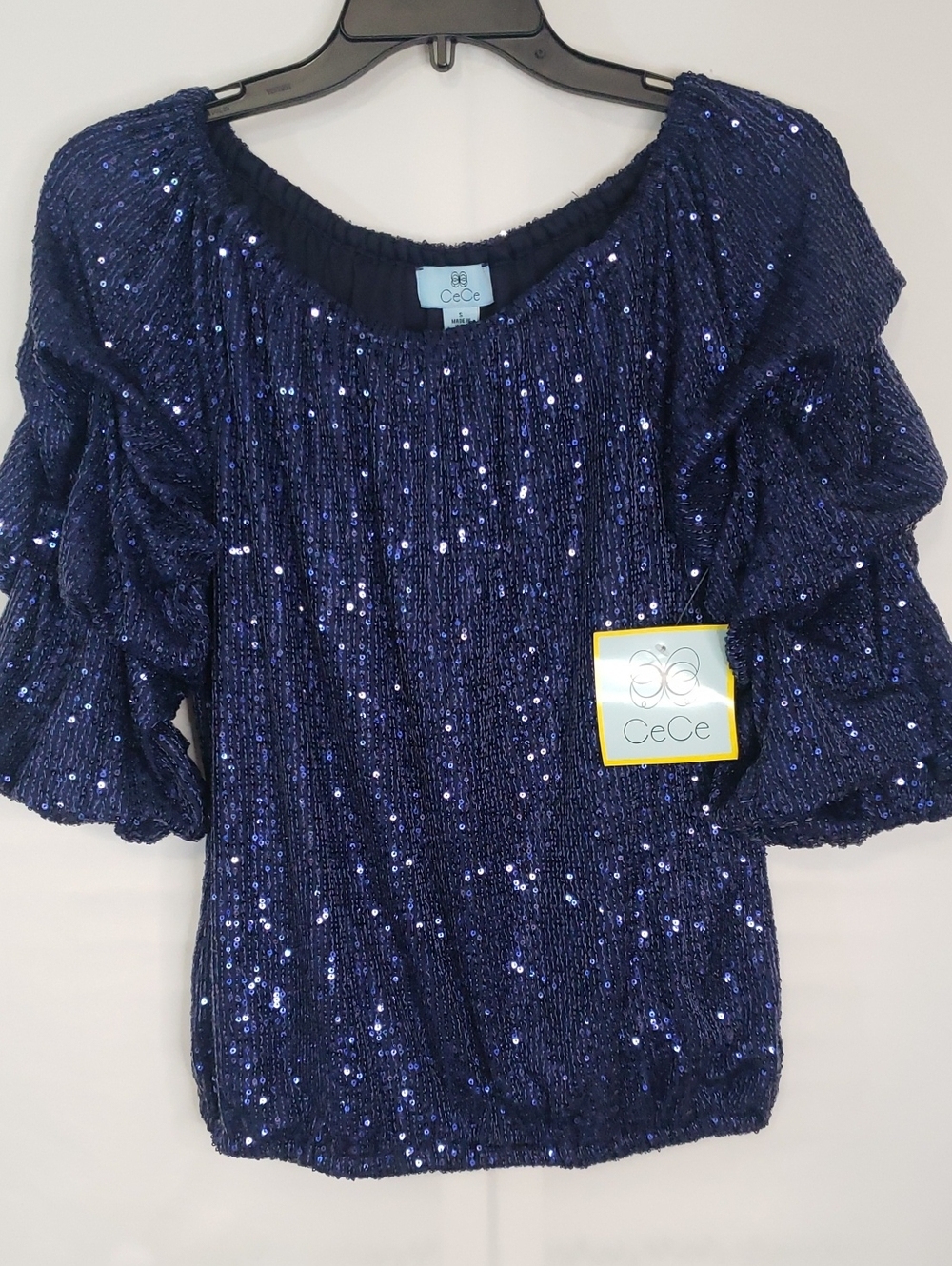 CeCe Navy Sequin Puff-Sleeve Top, Small